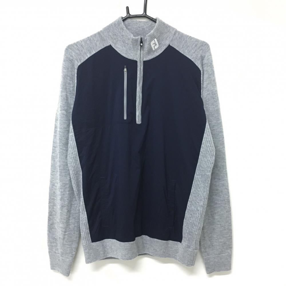 フットジョイ 異素材ハイネックセーター ネイビー×ライト杢グレー ニット ウール混 ハーフジップ メンズ L ゴルフウェア FootJoy