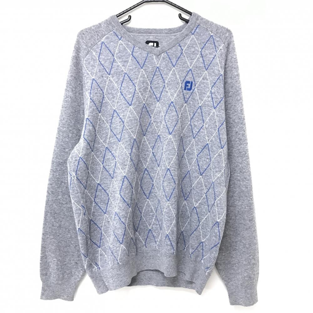 【超美品】フットジョイ セーター グレー×ブルー×白 斜め格子 Vネック ニット メンズ ２XL ゴルフウェア 大きいサイズ FootJoy