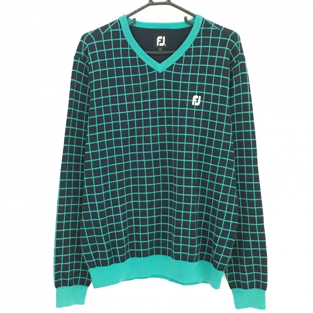 フットジョイ セーター ダークネイビー×グリーン 格子柄 ウール混 ロゴ刺しゅう ニット メンズ XL ゴルフウェア FootJoy