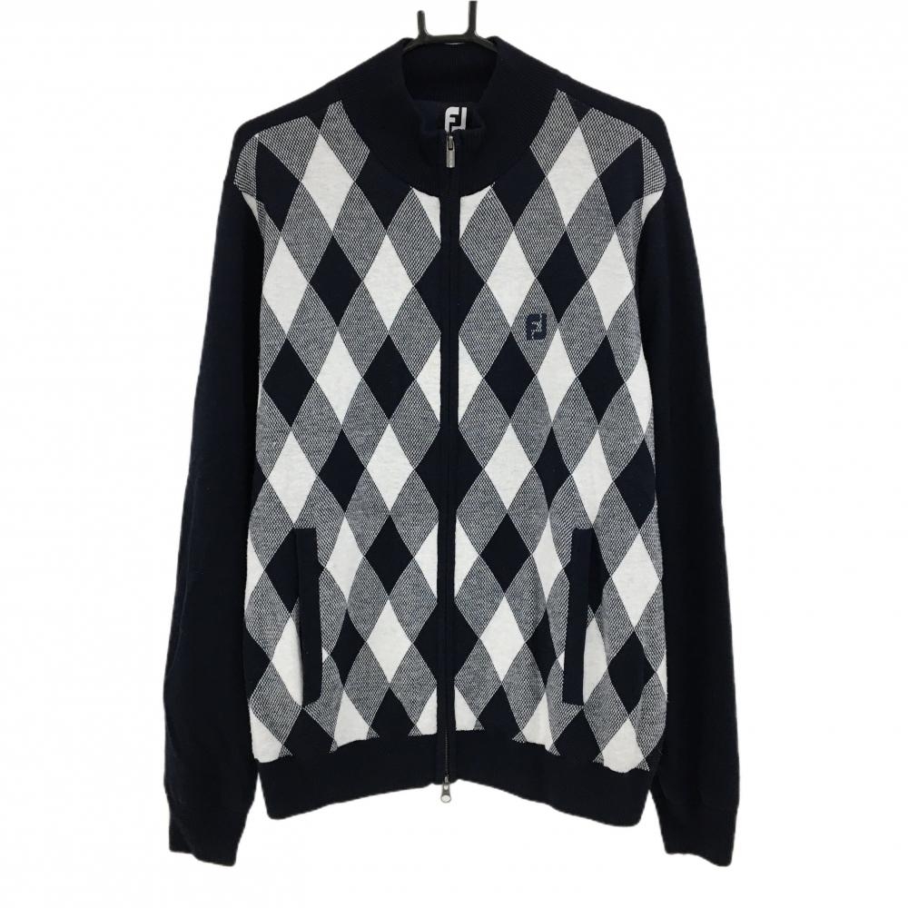 フットジョイ ニットジャケット ネイビー×白 ダイヤ柄 裏地付き ウール混  メンズ XL ゴルフウェア FootJoy