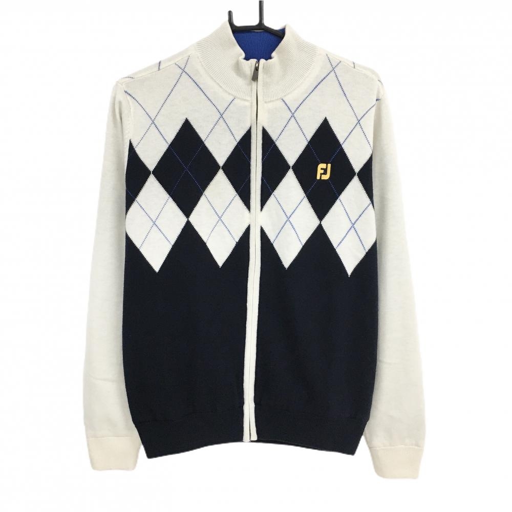 【美品】フットジョイ ニットブルゾン アイボリー×ネイビー 上部アーガイル柄 ウール混 裏地付 メンズ M ゴルフウェア FootJoy
