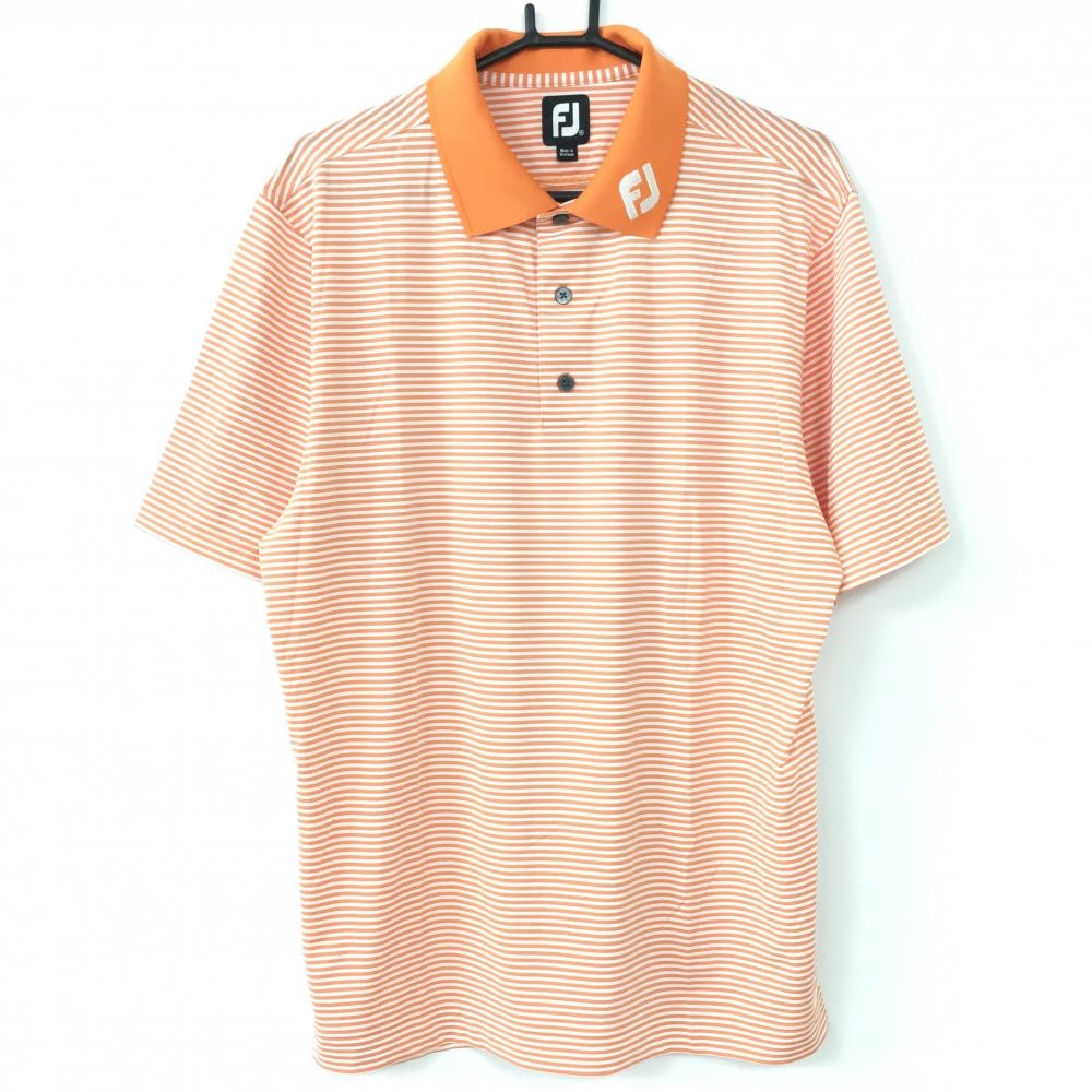 【超美品】FootJoy フットジョイ 半袖ポロシャツ オレンジ×白 ボーダー 襟ロゴ メンズ M ゴルフウェア