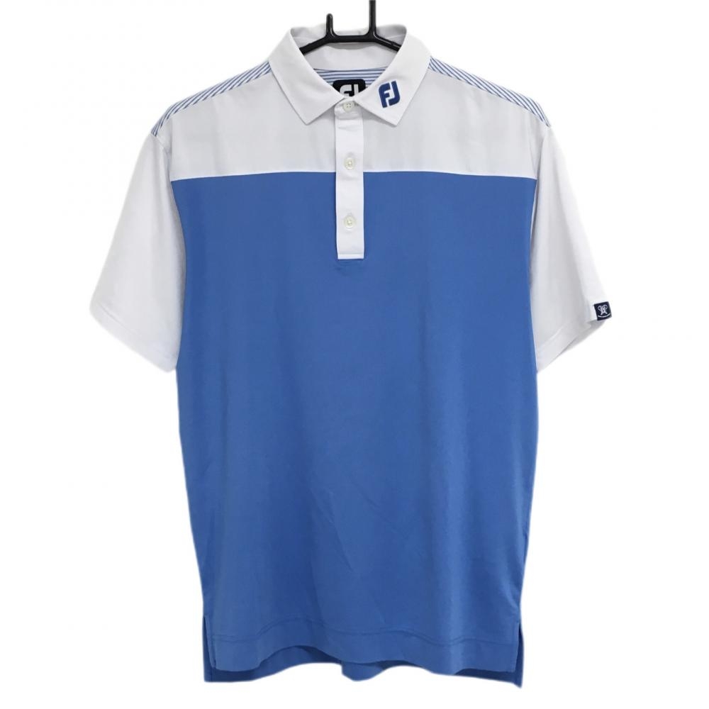【超美品】フットジョイ 半袖ポロシャツ ライトブルー×白 一部細ボーダー メンズ M ゴルフウェア FootJoy