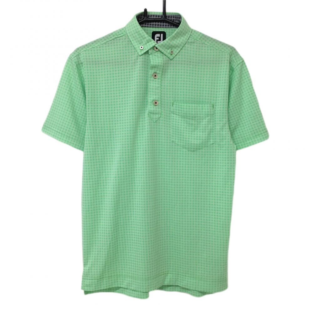 フットジョイ 半袖ポロシャツ ライトグリーン チェック ボタンダウン 胸ポケット メンズ M ゴルフウェア FootJoy