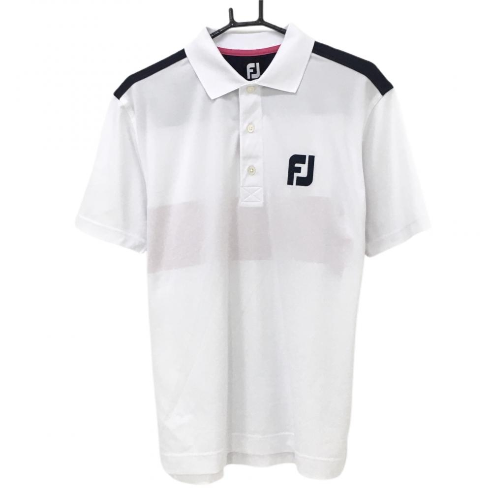 【美品】フットジョイ 半袖ポロシャツ 白×ネイビー 後ろ3トーンカラー ビッグロゴ メンズ L ゴルフウェア FootJoy