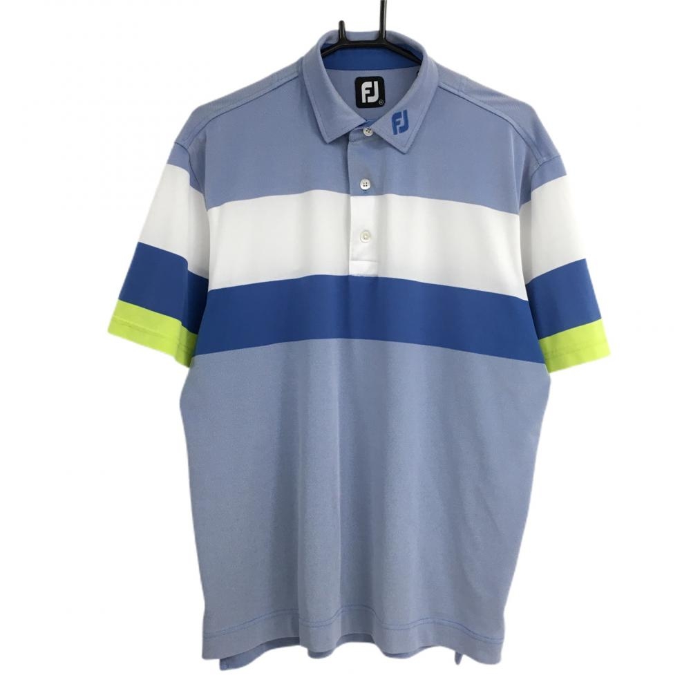 【美品】フットジョイ 半袖ポロシャツ ブルー×白 ボーダー  メンズ 2XL ゴルフウェア FootJoy