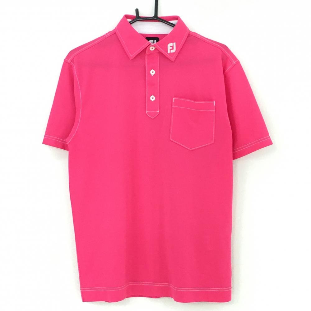 フットジョイ 半袖ポロシャツ ピンク×白 ステッチ 襟ロゴ 胸ポケット メンズ M ゴルフウェア FootJoy