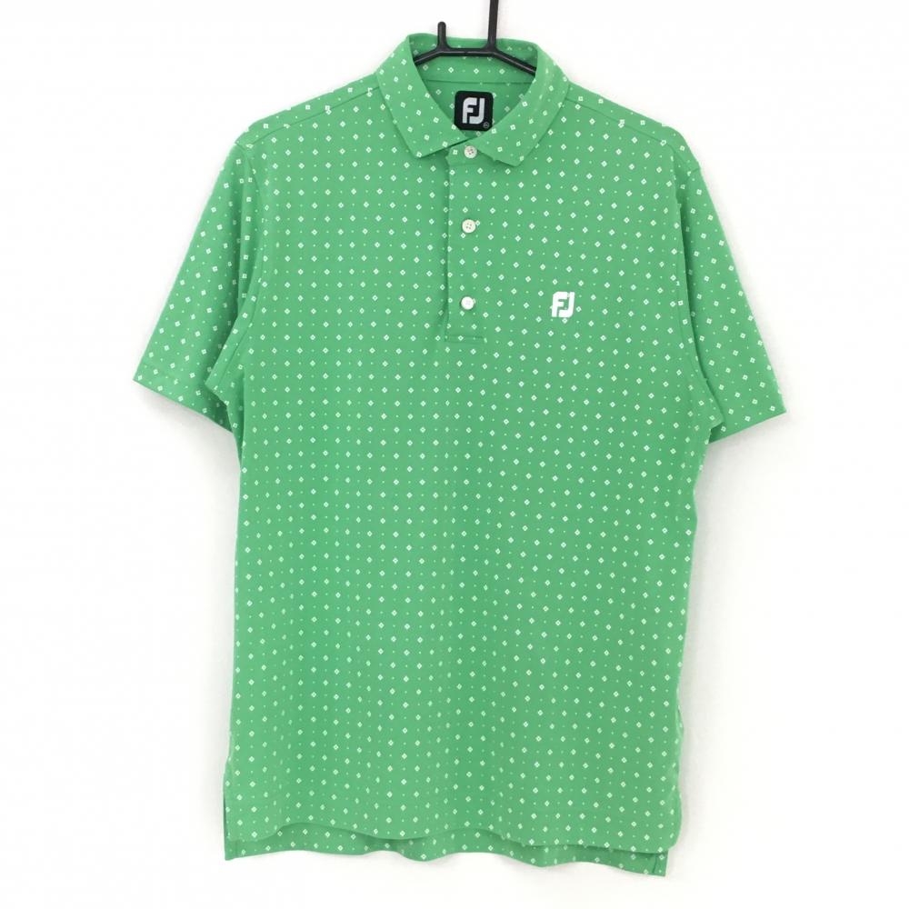 フットジョイ 半袖ポロシャツ グリーン×白 総柄 ロゴ刺繡 メンズ 2XL ゴルフウェア 大きいサイズ FootJoy