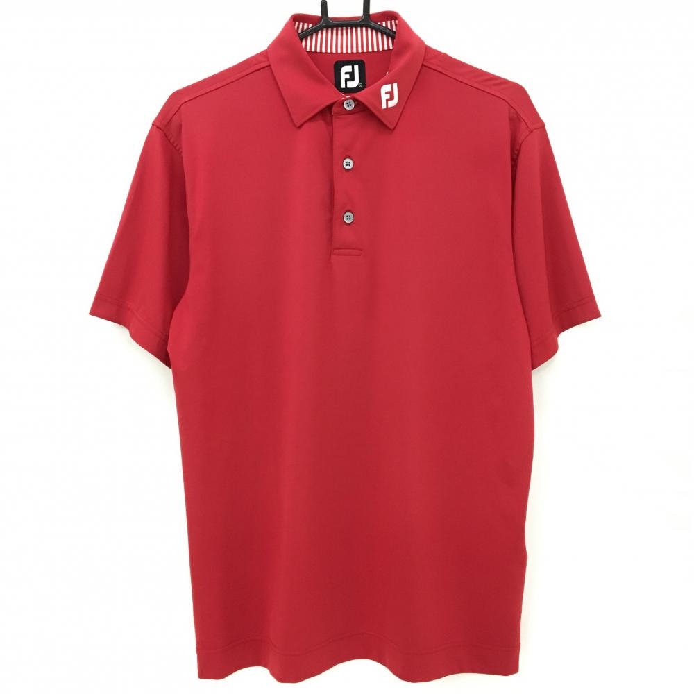 【美品】フットジョイ 半袖ポロシャツ レッド ロゴ白 ストレッチ ネック内側ストライプ メンズ L ゴルフウェア FootJoy