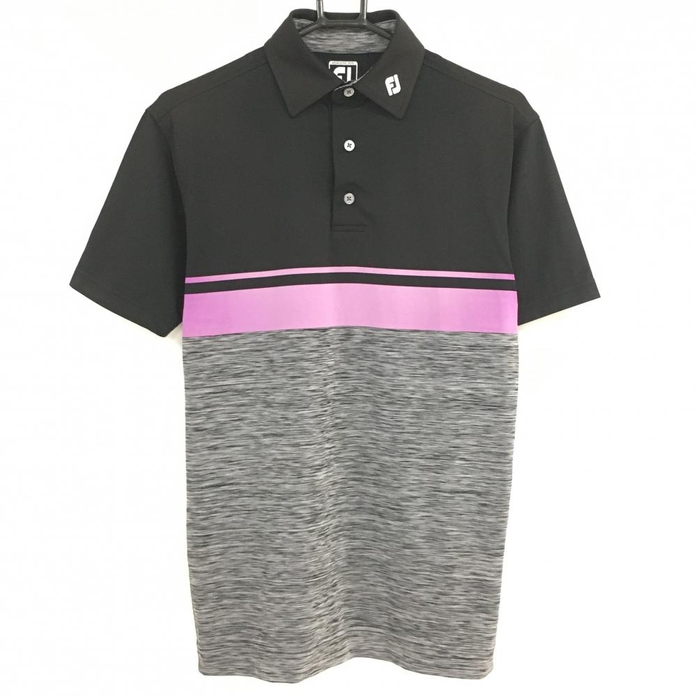 【超美品】フットジョイ 半袖ポロシャツ 黒×パープル 襟ロゴ刺しゅう  メンズ XS ゴルフウェア FootJoy