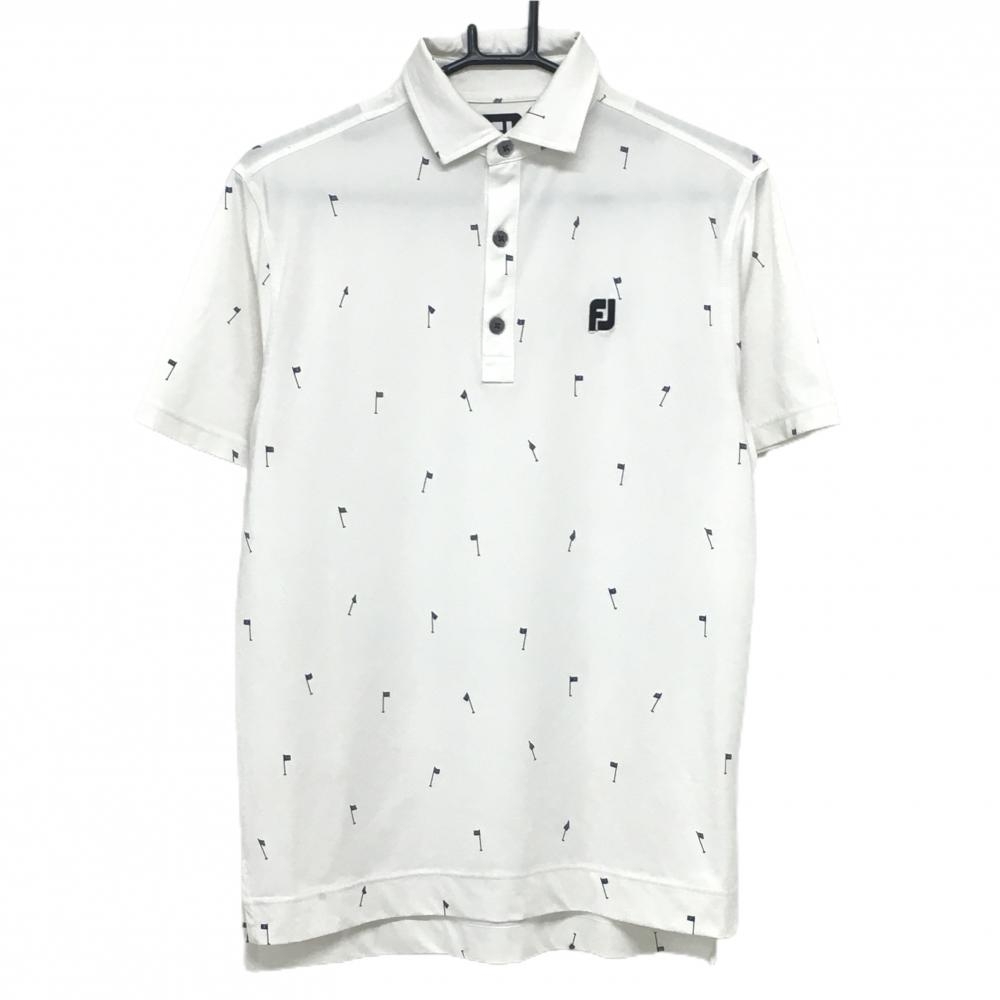 フットジョイ 半袖ポロシャツ 白×黒 総柄 ピンフラッグ ロゴ刺しゅう メンズ M ゴルフウェア FootJoy