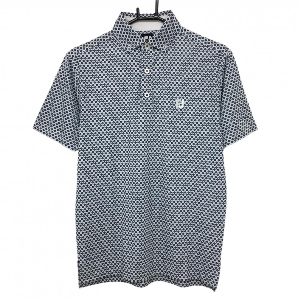 【美品】フットジョイ 半袖ポロシャツ 白×ネイビー 総柄 ボタンダウン メンズ M ゴルフウェア FootJoy