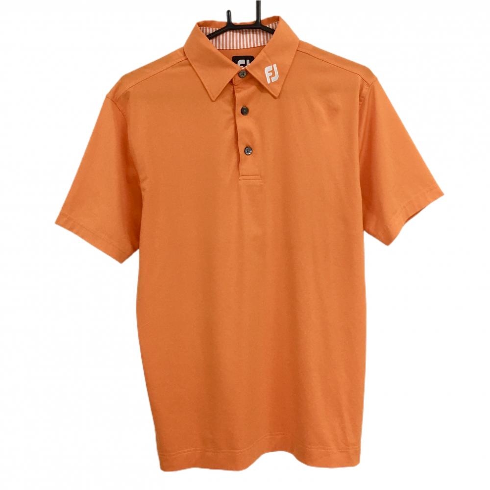 【美品】フットジョイ 半袖ポロシャツ オレンジ 襟内側ストライプ 襟ロゴ刺しゅう メンズ M ゴルフウェア FootJoy