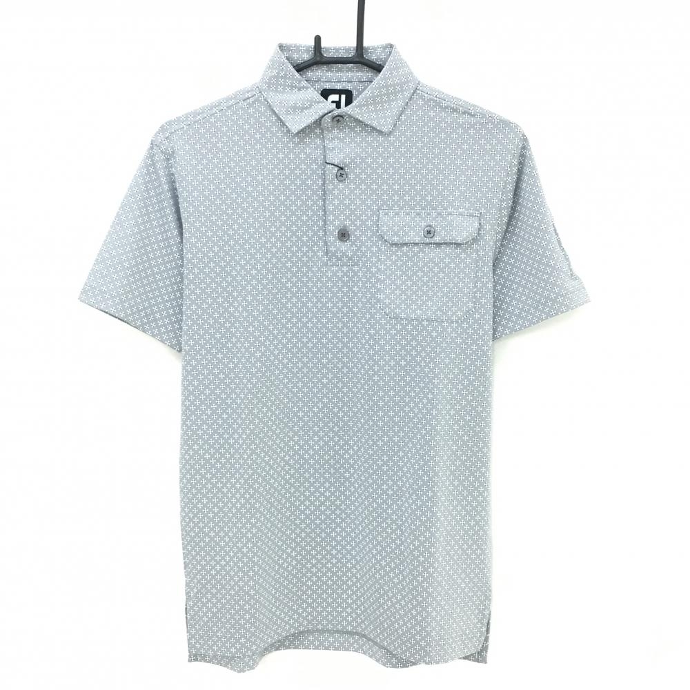 【新品】フットジョイ 半袖ポロシャツ ライトグレー×白 総柄 4WAYストレッチ UVカット 吸汗速乾 メンズ M ゴルフウェア FootJoy