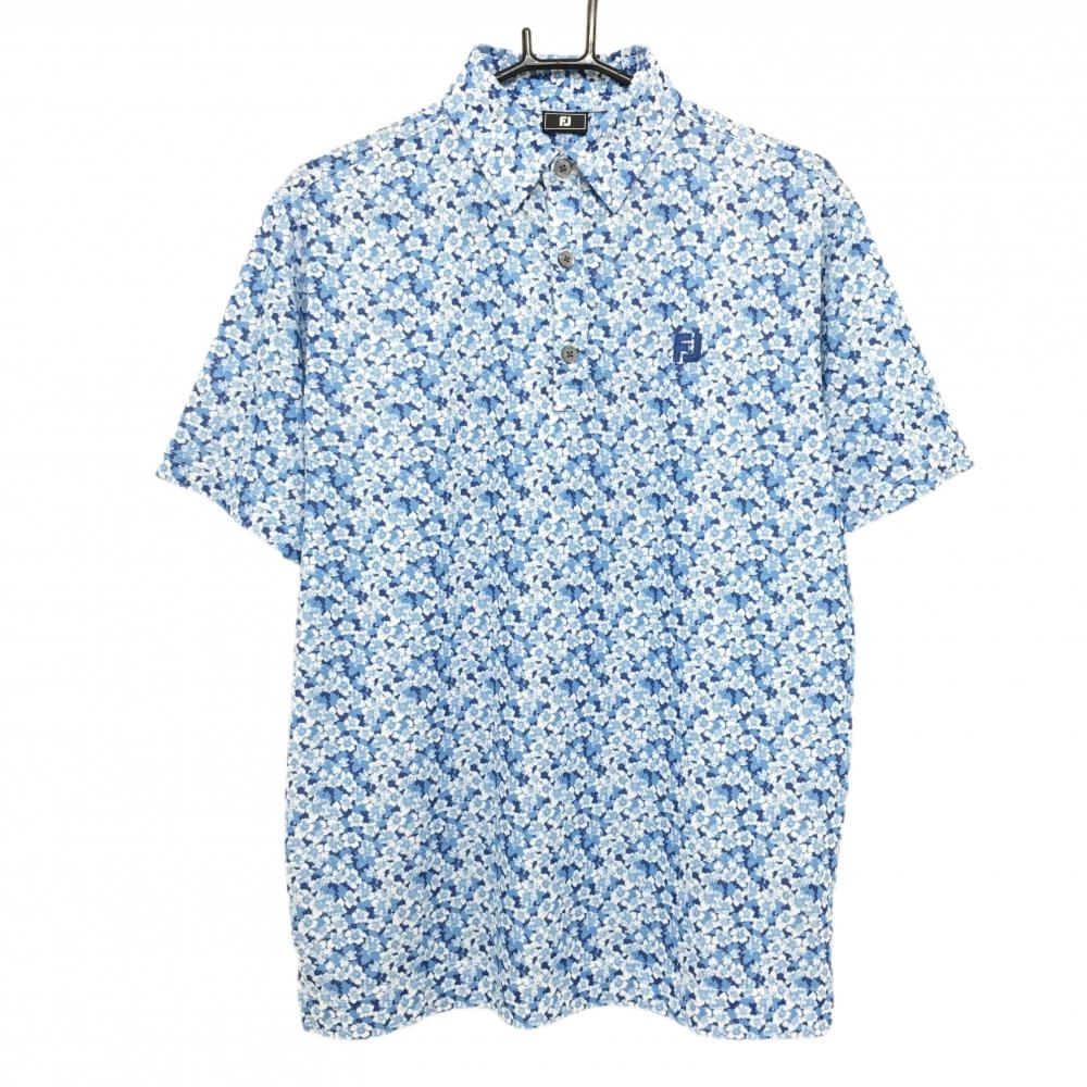 【美品】フットジョイ 半袖ポロシャツ ライトブルー×ネイビー 花柄 ボタンダウン  メンズ M ゴルフウェア 2024年モデル FootJoy