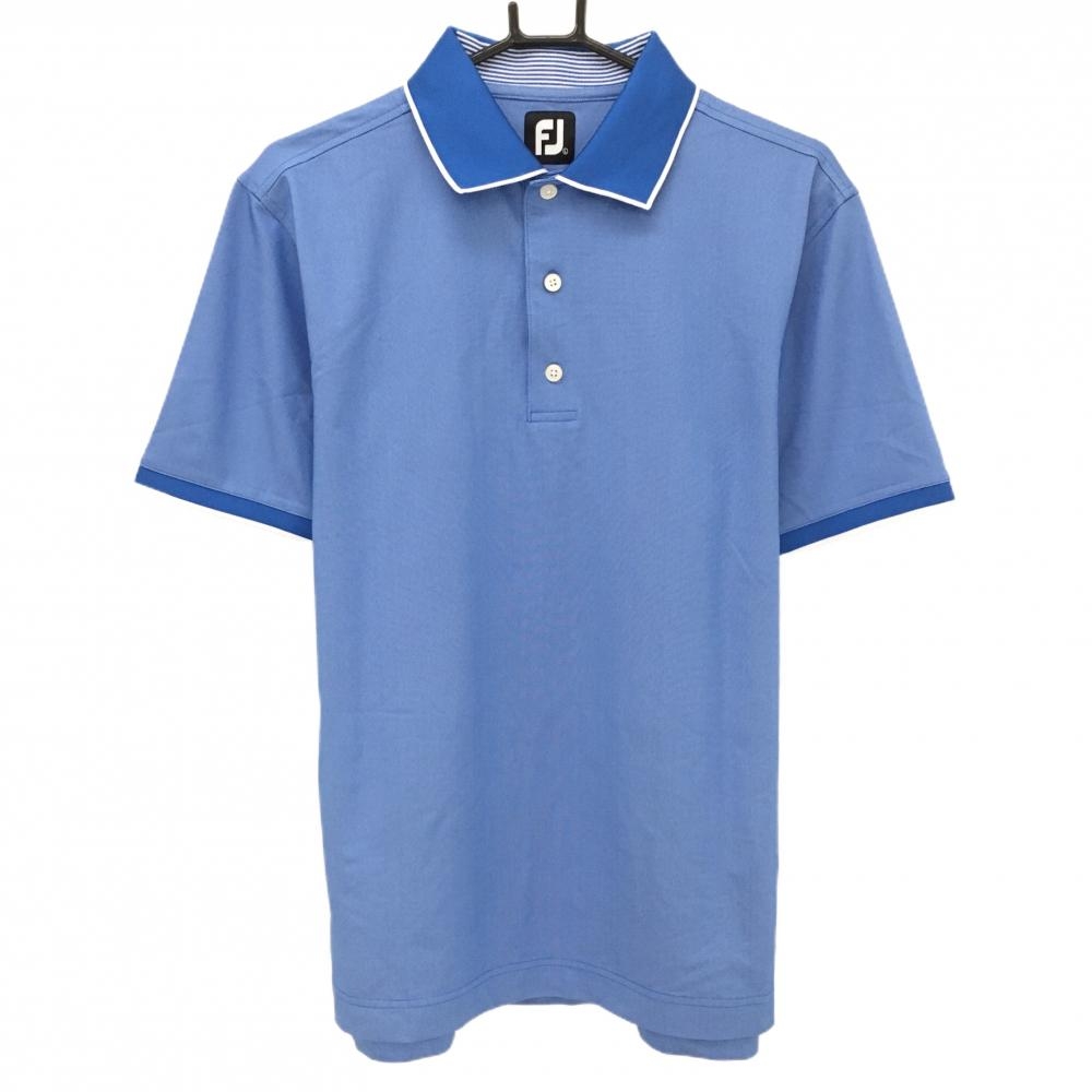 【美品】フットジョイ 半袖ポロシャツ ブルー 襟裏一部ボーダー メンズ L ゴルフウェア FootJoy