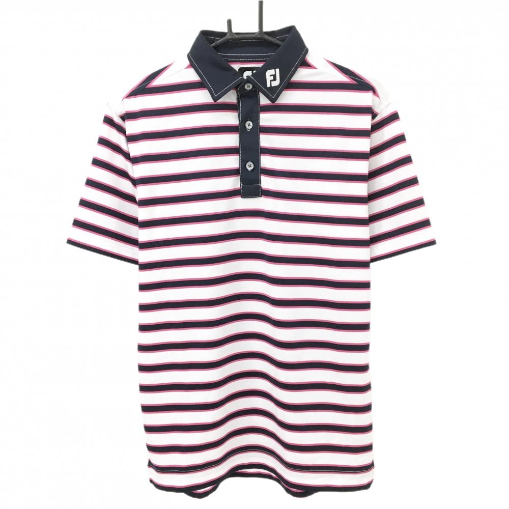 【美品】フットジョイ 半袖ポロシャツ 白×ネイビー ボーダー 襟ロゴ刺しゅう メンズ M ゴルフウェア FootJoy
