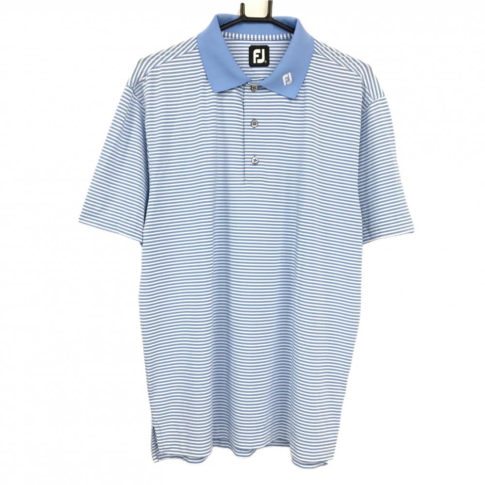フットジョイ 半袖ポロシャツ 白×ライトブルー ボーダー 襟ロゴ刺しゅう メンズ XL ゴルフウェア FootJoy