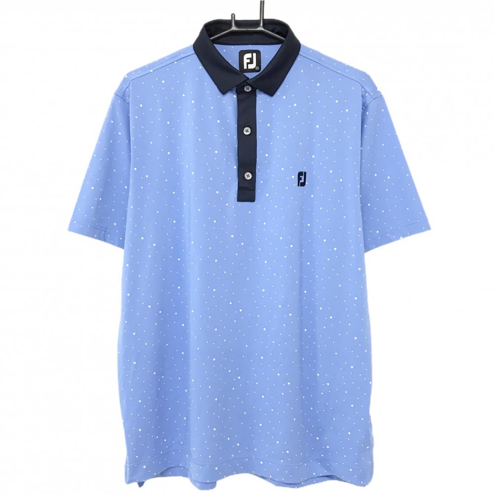 【超美品】フットジョイ 半袖ポロシャツ ライトブルー×白 ドット柄 ロゴネイビー  メンズ 2XL ゴルフウェア FootJoy
