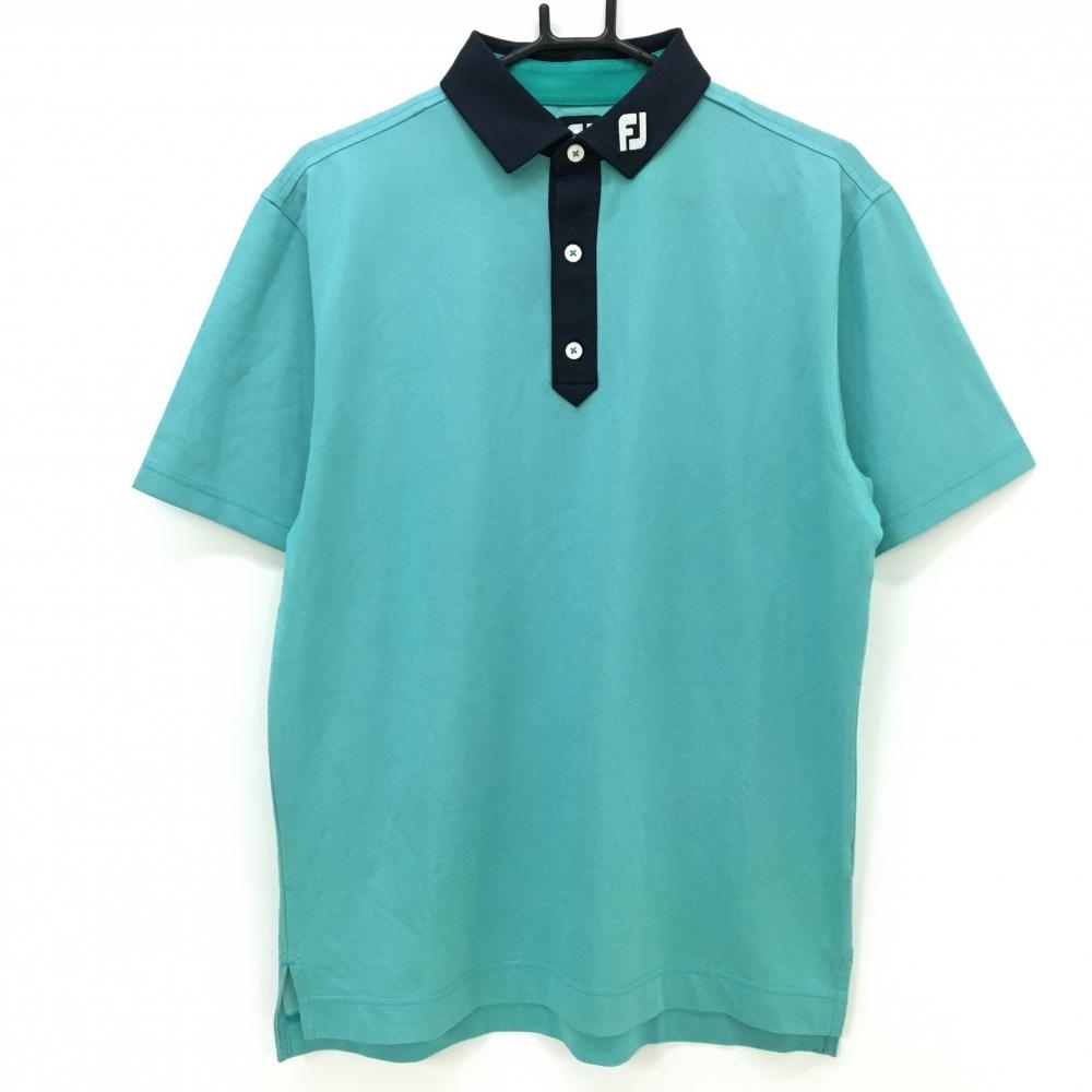 フットジョイ 半袖ポロシャツ ライトグリーン系×ネイビー 襟ロゴ メンズ XL ゴルフウェア FootJoy