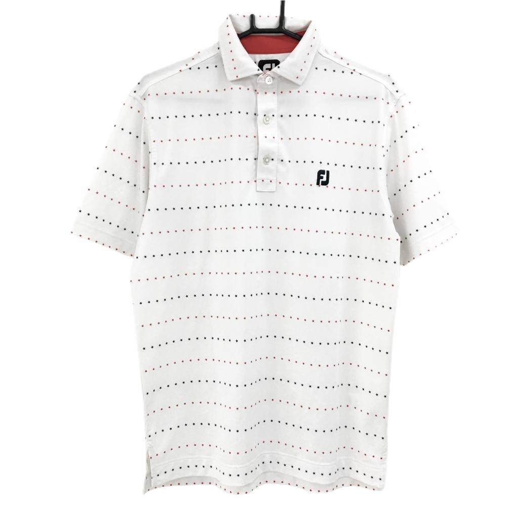 【美品】フットジョイ 半袖ポロシャツ 白×ネイビー 星柄 ロゴ刺しゅう メンズ L ゴルフウェア FootJoy