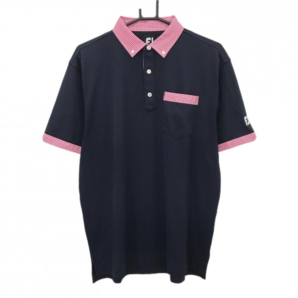 フットジョイ 半袖ポロシャツ ネイビー×ピンク 襟・ポケット千鳥格子 ボタンダウン  メンズ XL ゴルフウェア FootJoy