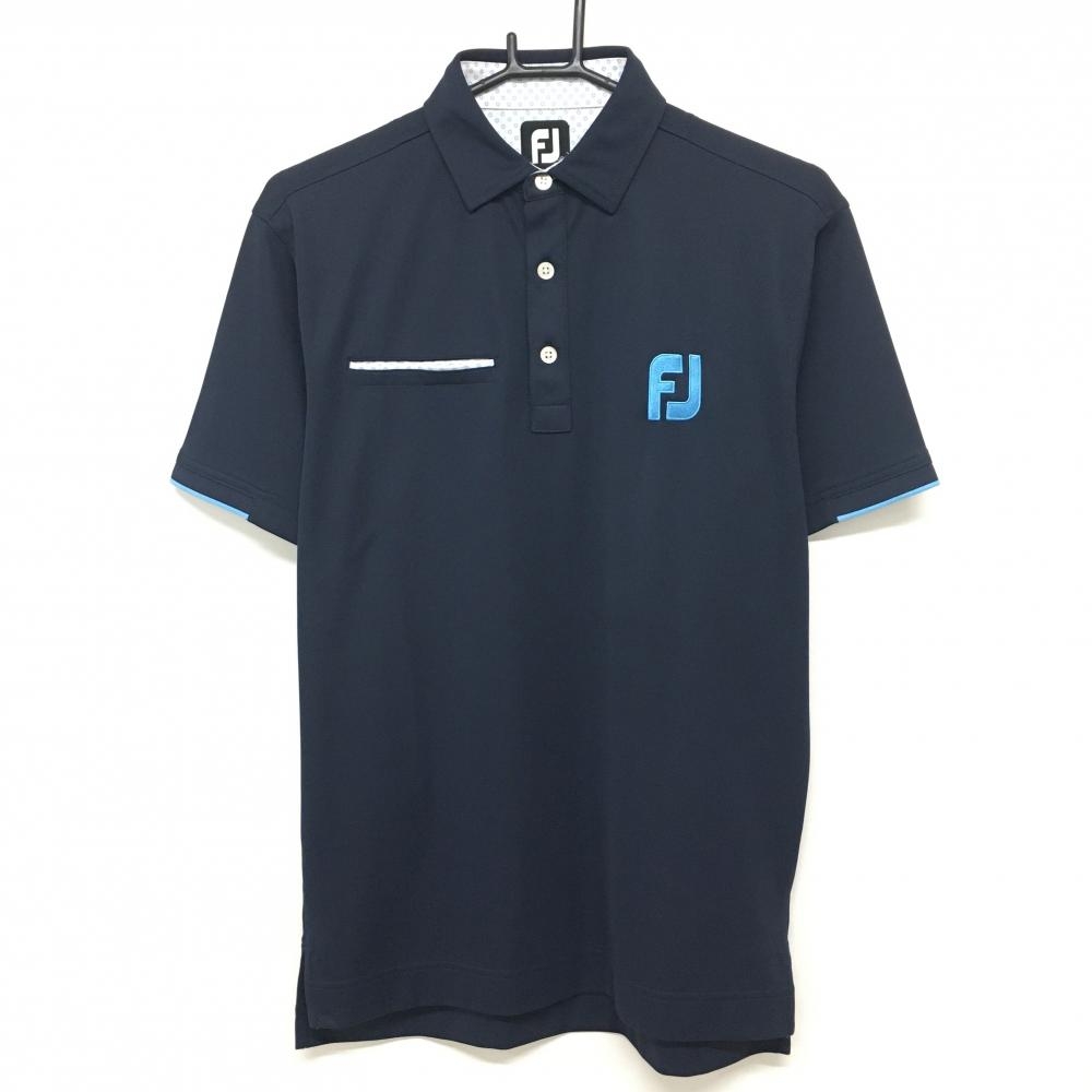 【美品】フットジョイ 半袖ポロシャツ ネイビー ロゴ刺しゅう メンズ M ゴルフウェア FootJoy