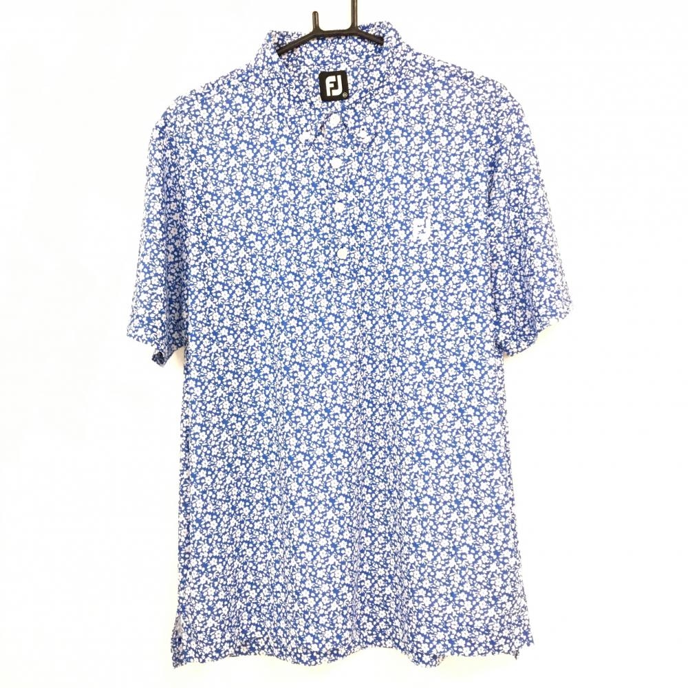 【超美品】フットジョイ 半袖ポロシャツ ブルー×白 花柄 ボタンダウン メンズ 2XL ゴルフウェア FootJoy