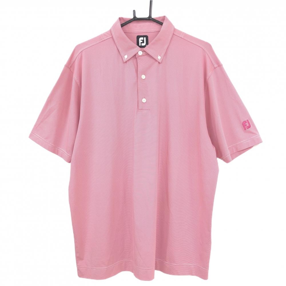 【美品】フットジョイ 半袖ポロシャツ レッド×白 細目ボーダー ボタンダウン  メンズ 2XL ゴルフウェア 大きいサイズ FootJoy