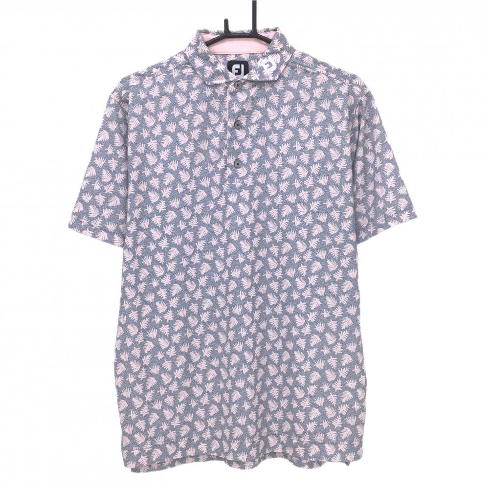 【超美品】フットジョイ 半袖ポロシャツ グレー×ピンク 総柄 ネックロゴ メンズ XL ゴルフウェア FootJoy