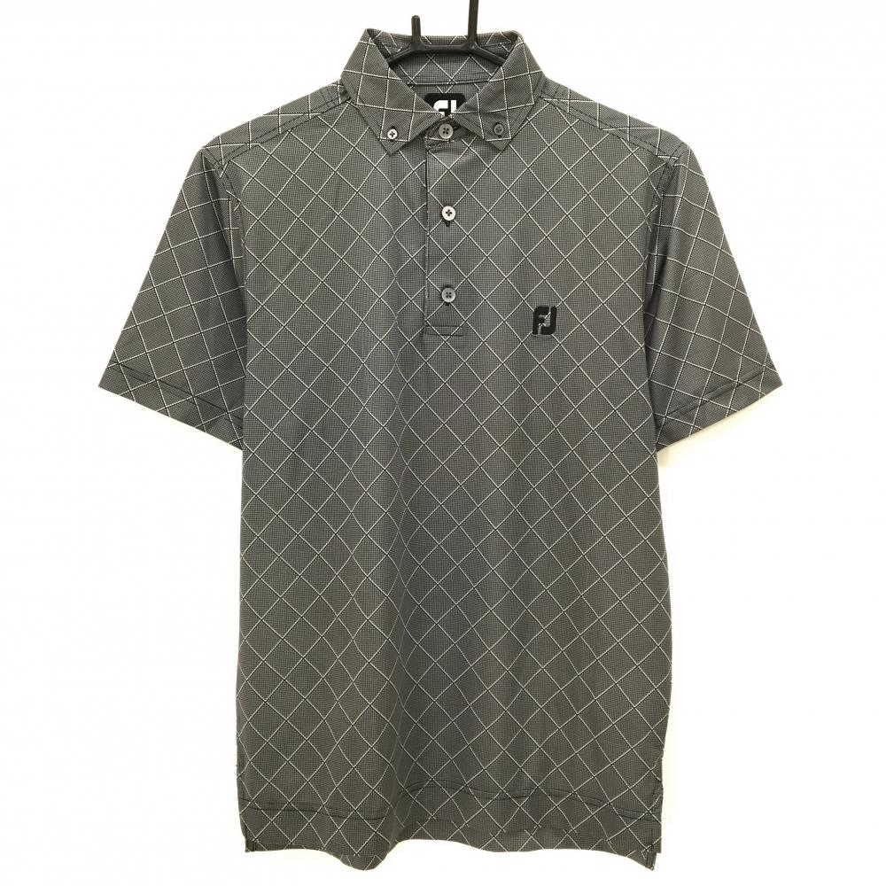 【超美品】フットジョイ 半袖ポロシャツ 黒×白 総柄 ボタンダウン メンズ M ゴルフウェア FootJoy