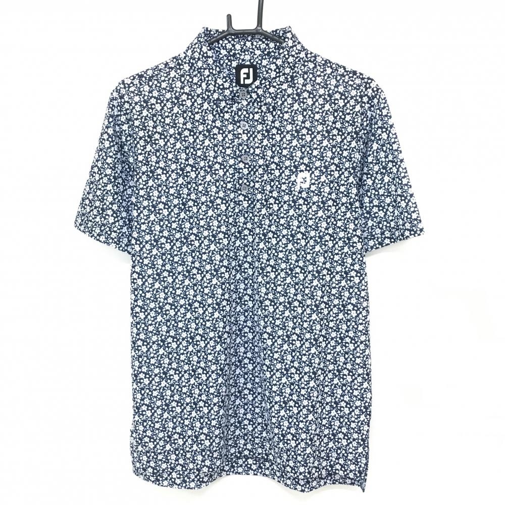 【超美品】フットジョイ 半袖ポロシャツ ダークネイビー×白 花柄  メンズ L ゴルフウェア FootJoy