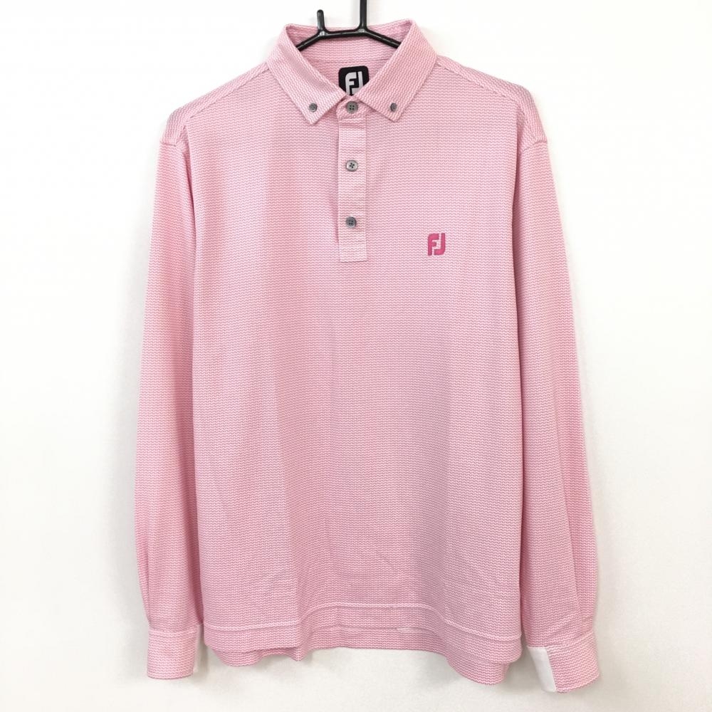 【美品】FootJoy フットジョイ 長袖ポロシャツ 白×ピンク 総柄 ボタンダウン メンズ XL ゴルフウェア