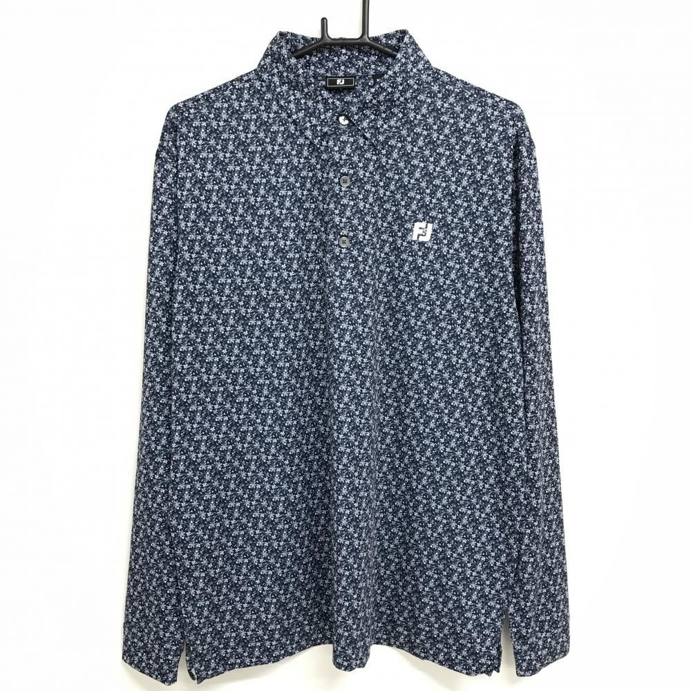 【超美品】フットジョイ 長袖ポロシャツ ネイビー×白 花柄 ボタンダウン ストレッチ メンズ XL ゴルフウェア 2024年モデル FootJoy