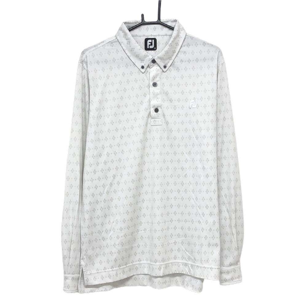 【超美品】フットジョイ 長袖ポロシャツ 白×ライトグレー 総柄 ボタンダウン  メンズ 2XL ゴルフウェア 大きいサイズ FootJoy