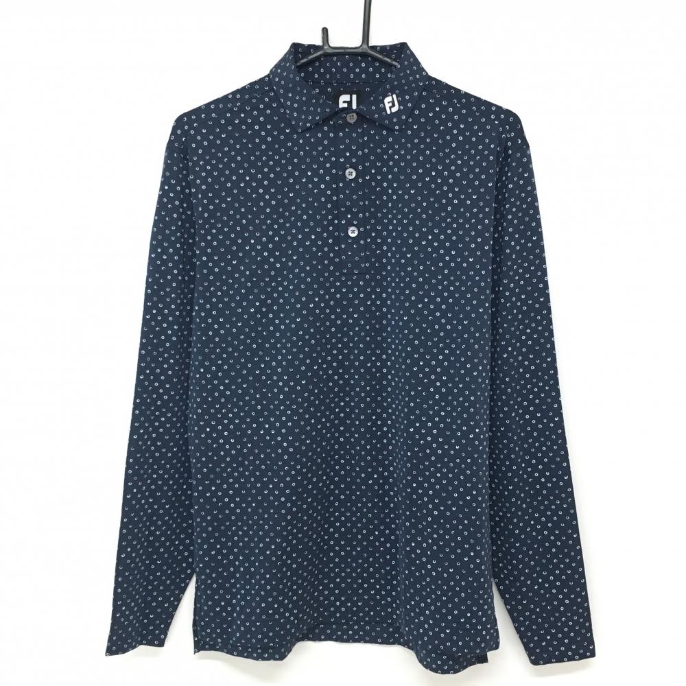 【超美品】フットジョイ 長袖ポロシャツ ネイビー×白 総柄 ロゴ刺しゅう メンズ L ゴルフウェア FootJoy