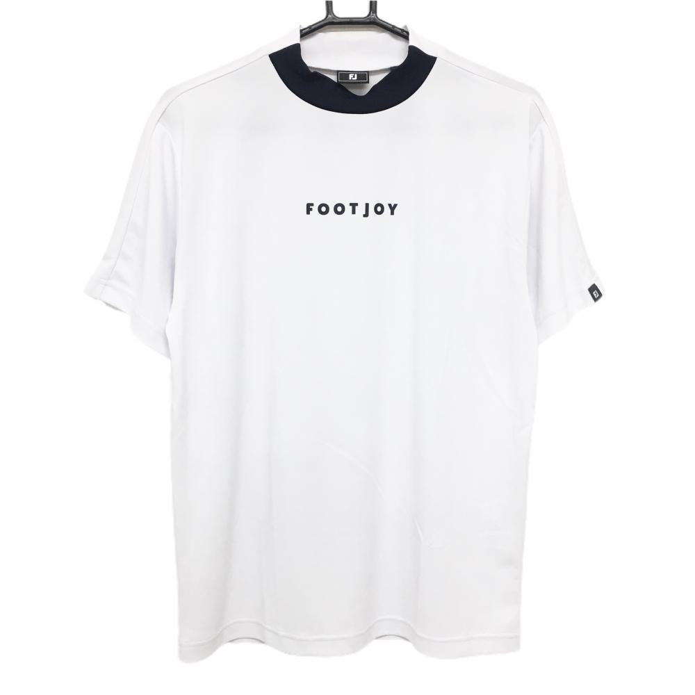 【超美品】フットジョイ 半袖ハイネックシャツ 白×ネイビー フロントロゴ メンズ M ゴルフウェア 2025年モデル FootJoy