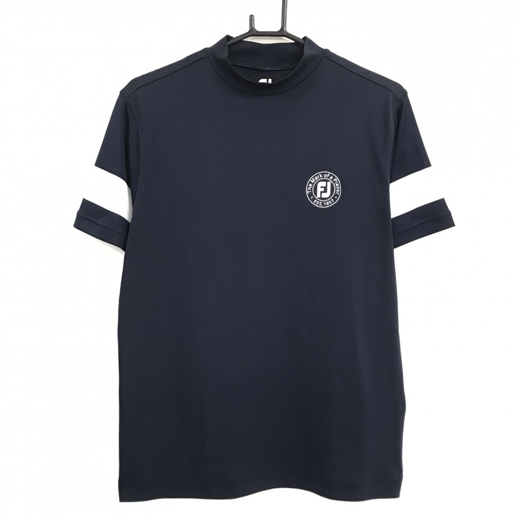【超美品】フットジョイ 半袖ハイネックシャツ ネイビー×白 ロゴワッペン メンズ M ゴルフウェア FootJoy