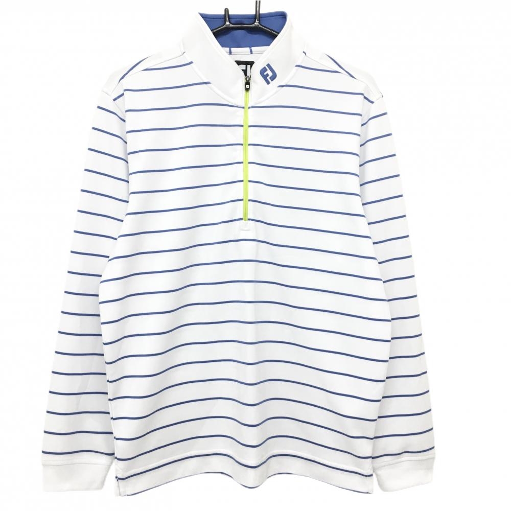 フットジョイ 長袖ハイネックシャツ 白×ブルー ボーダー ハーフジップ ネックロゴ メンズ XL ゴルフウェア FootJoy