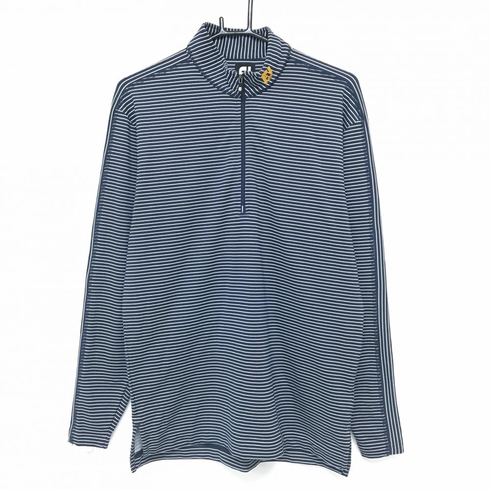 【超美品】フットジョイ 長袖ハイネックシャツ ネイビー×白 ハーフジップ ネックロゴ メンズ M ゴルフウェア FootJoy