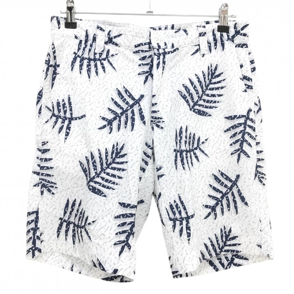 【美品】フットジョイ ハーフパンツ 白×ネイビー 総柄 裾ロゴ刺しゅう ストレッチ 薄手 メンズ M ゴルフウェア FootJoy