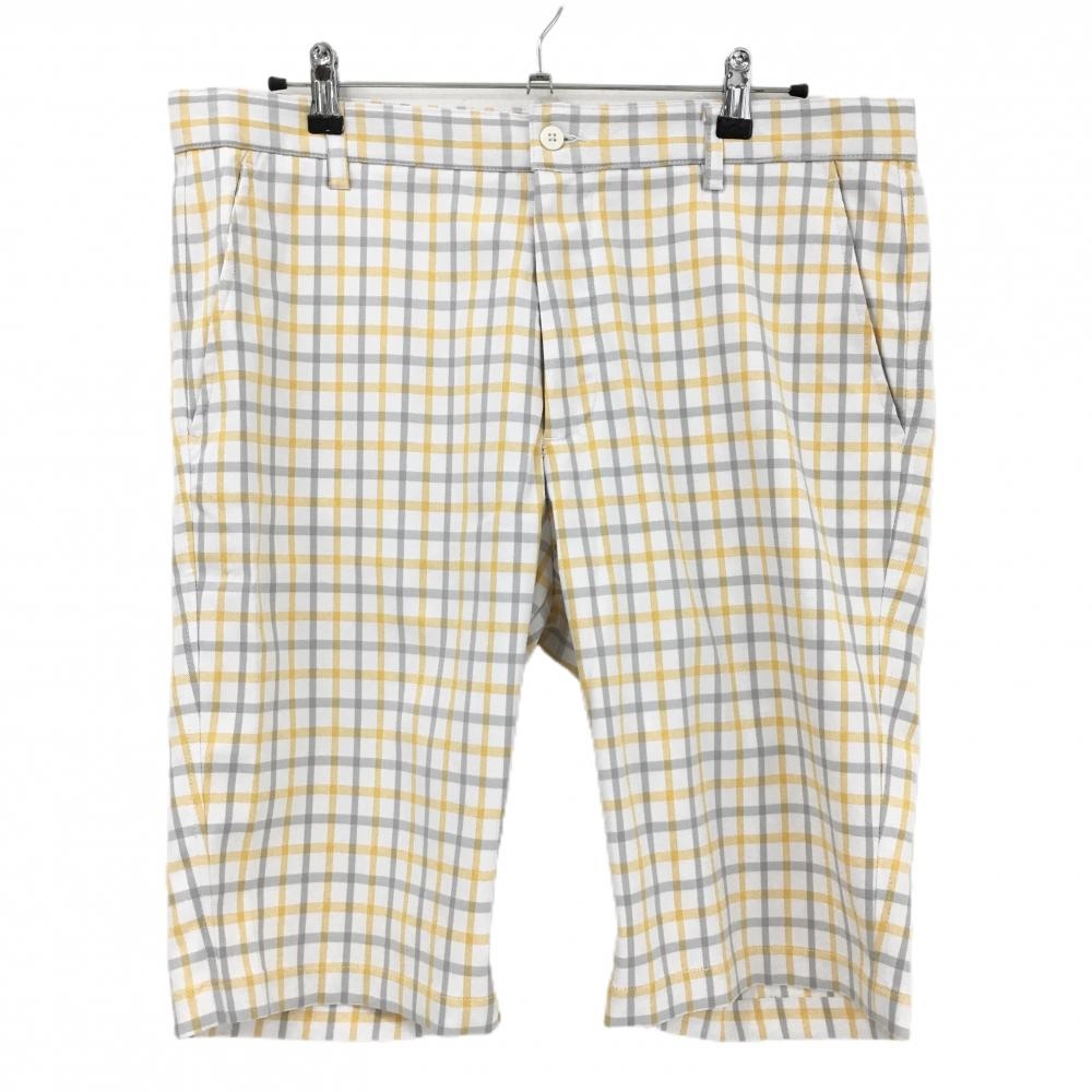 【超美品】フットジョイ ハーフパンツ 白×イエロー×グレー チェック メンズ W37 ゴルフウェア FootJoy