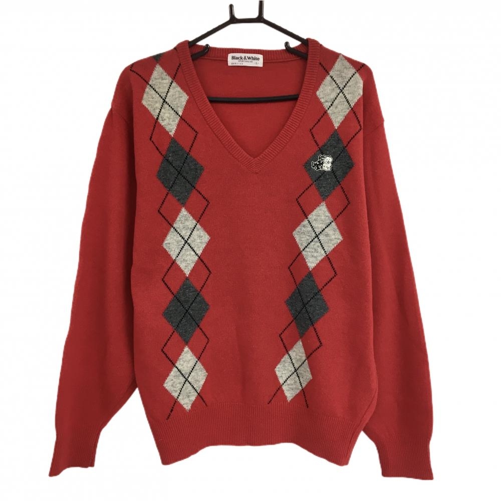 【美品】ブラックアンドホワイト セーター レッド×グレー 前アーガイル柄 ウール混 Vネック ニット メンズ L ゴルフウェア Black＆White