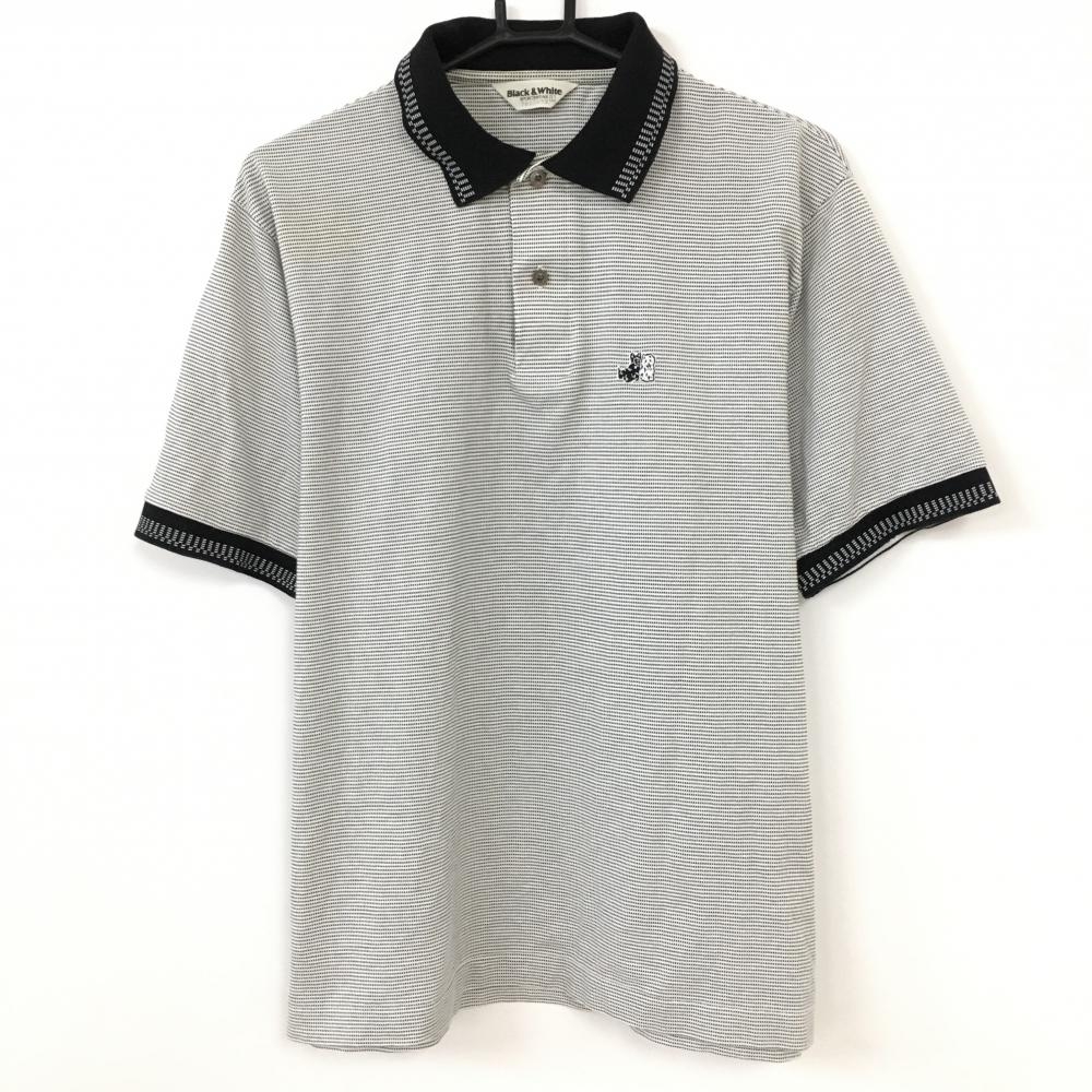Black＆White ブラックアンドホワイト 半袖ポロシャツ 白×黒 総柄 織生地  メンズ L ゴルフウェア
