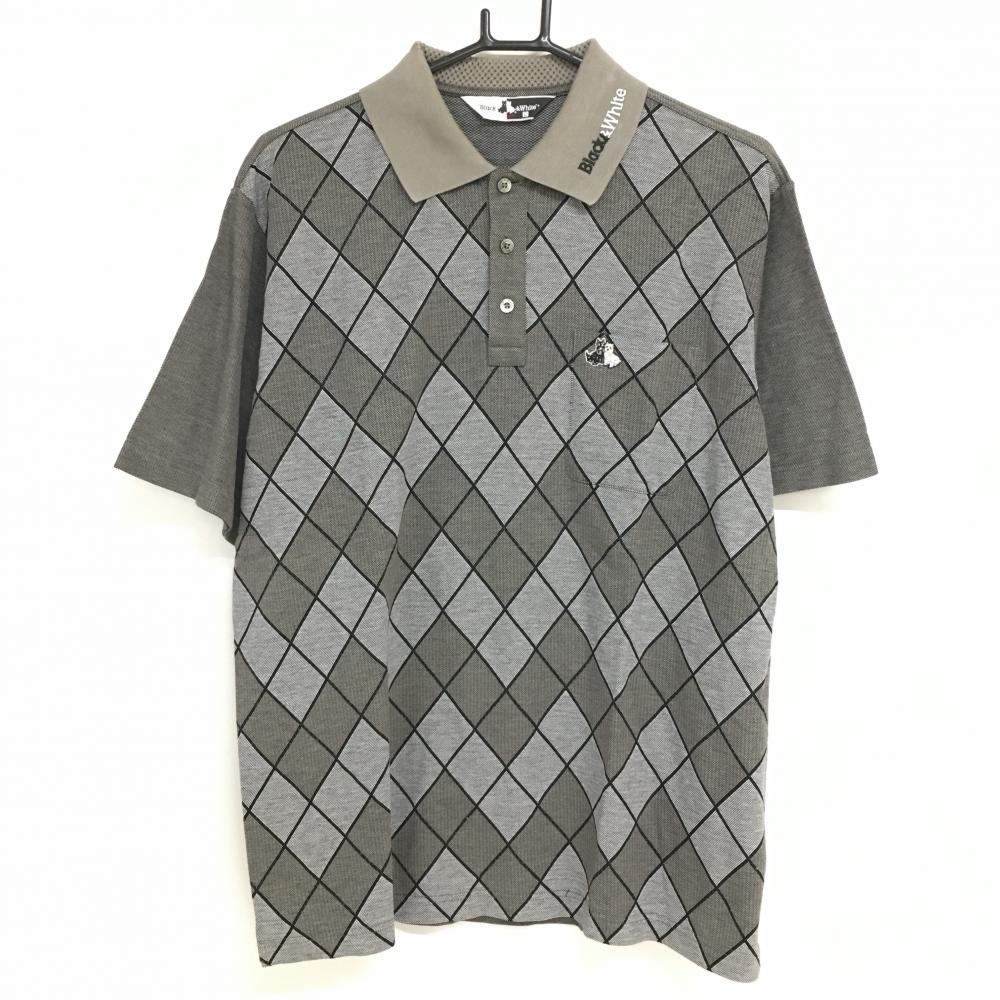 【超美品】ブラックアンドホワイト 半袖ポロシャツ グレー×黒 前面ダイヤ柄  メンズ L ゴルフウェア Black＆White