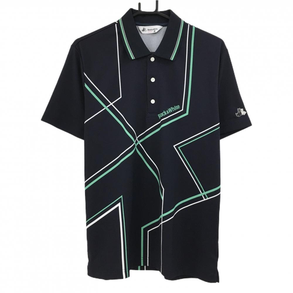 【美品】ブラックアンドホワイト 半袖ポロシャツ ネイビー×グリーン 総柄  メンズ L ゴルフウェア Black＆White