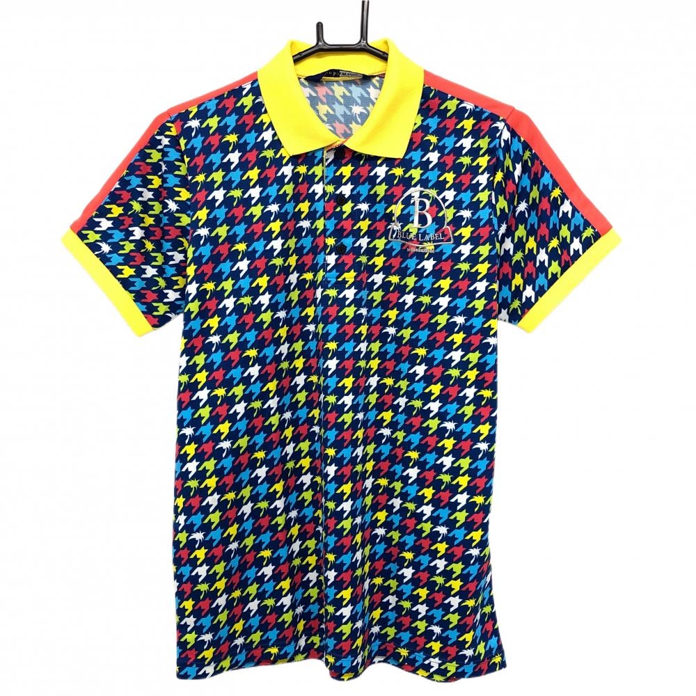 【超美品】ブラックアンドホワイト 半袖ポロシャツ ネイビーブルー系×マルチカラー 千鳥格子 メンズ M ゴルフウェア Black＆White