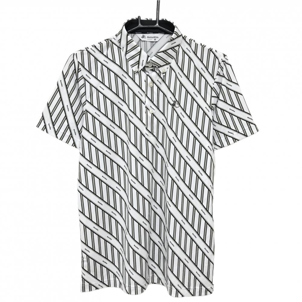 【超美品】ブラックアンドホワイト 半袖ポロシャツ 白×グレー×黒 ストライプ 斜めライン ロゴ メンズ M ゴルフウェア Black＆White