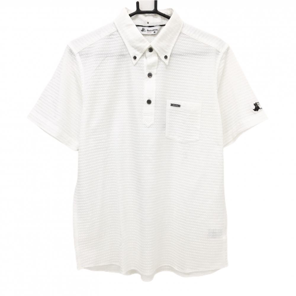【新品】ブラックアンドホワイト 半袖ポロシャツ 白 凹凸生地 ボタンダウン メンズ L ゴルフウェア Black＆White