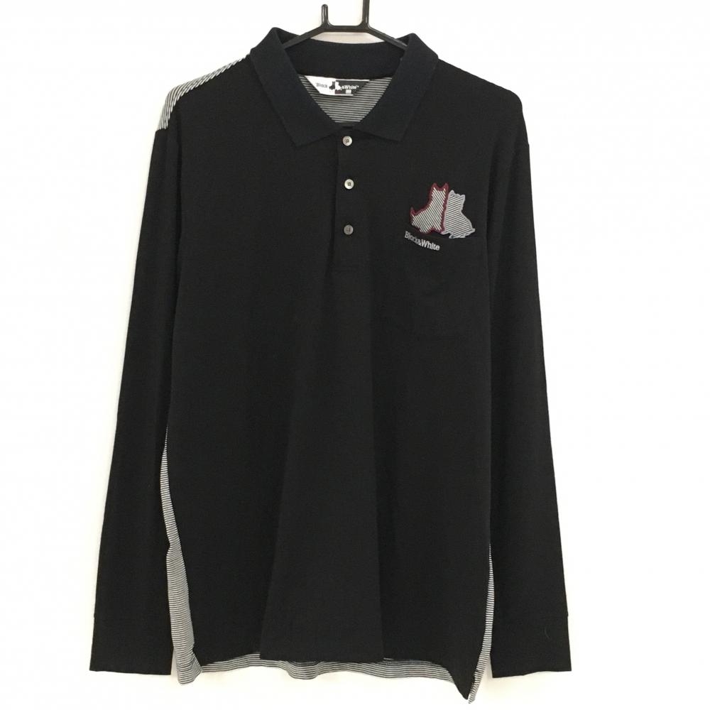 ブラックアンドホワイト 長袖ポロシャツ 黒×白 背面ボーダー 胸ポケット  メンズ LL ゴルフウェア Black＆White